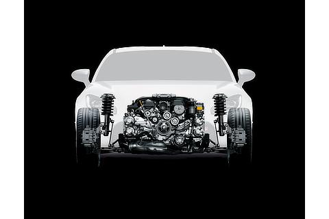 Extremely low center-of-gravity front-engine, rear-wheel-drive package