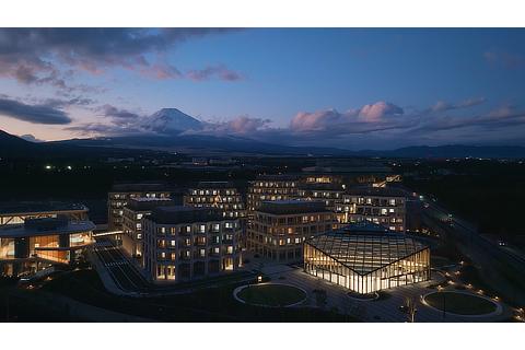 Zoomed out view of Woven City with Mt. Fuji in the background