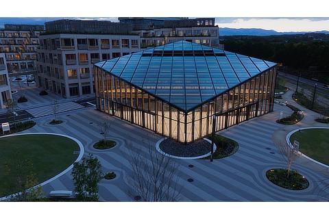 A building within Woven City that uses glass as a main feature