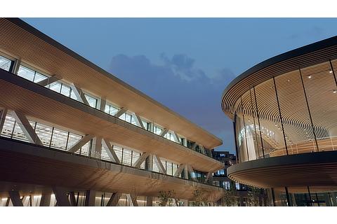 Two buildings within Woven City that features the use of wood
