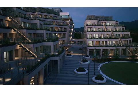Side view of the courtyard and a few of the buildings in Woven City