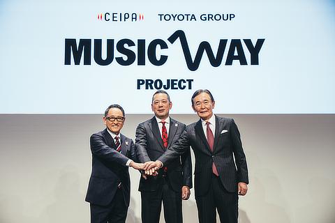 CEIPA x TOYOTA GROUP "MUSIC WAY PROJECT" Announcement (From left: Akio Toyoda, TOYOTA GROUP Representative; Shunsuke Muramatsu, Chair of the Board of CEIPA; Shunichi Tokura, Composer/Producer, Commissioner for Cultural Affairs)